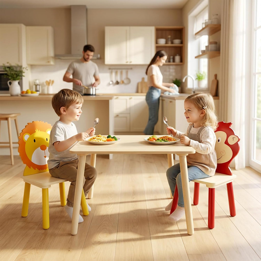 Kids Table and 2 Chairs, Wooden Stable Table and Chair Set (Lion&Monkey), Ideal for Arts & Crafts, Snack Time