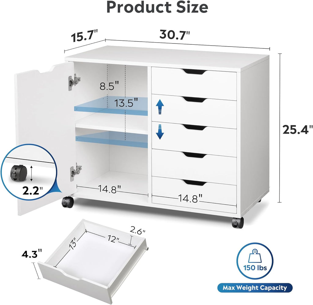 5-Drawer Wood Drawer Cabinet, Office Storage Cabinet, White | Craft Storage Cabinet, Under Desk Drawer, Rolling Cart