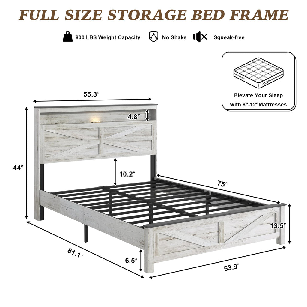Farmhouse Bed Frame with LED Headboard Storage