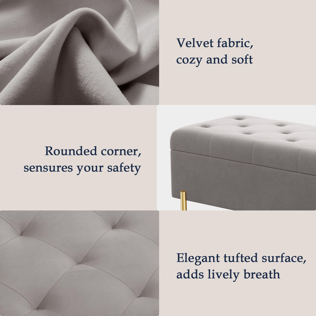 Ottoman Bench with Storage, Upholstered Tufted Velvet Storage Bench Living Room Long Ottoman Grey