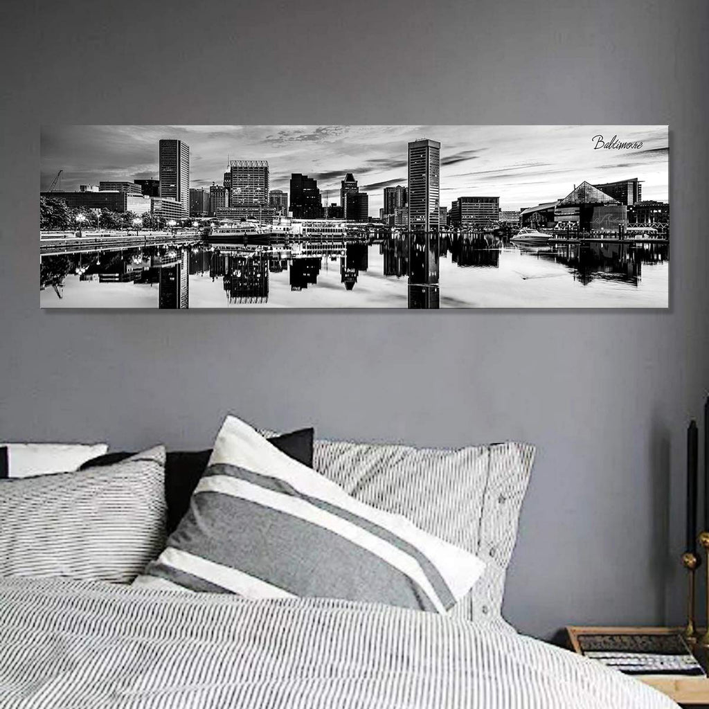 Baltimore Skyline Wall Black and White Maryland Cityscape Canvas Prints Downtown Architecture Panoramic Artwork