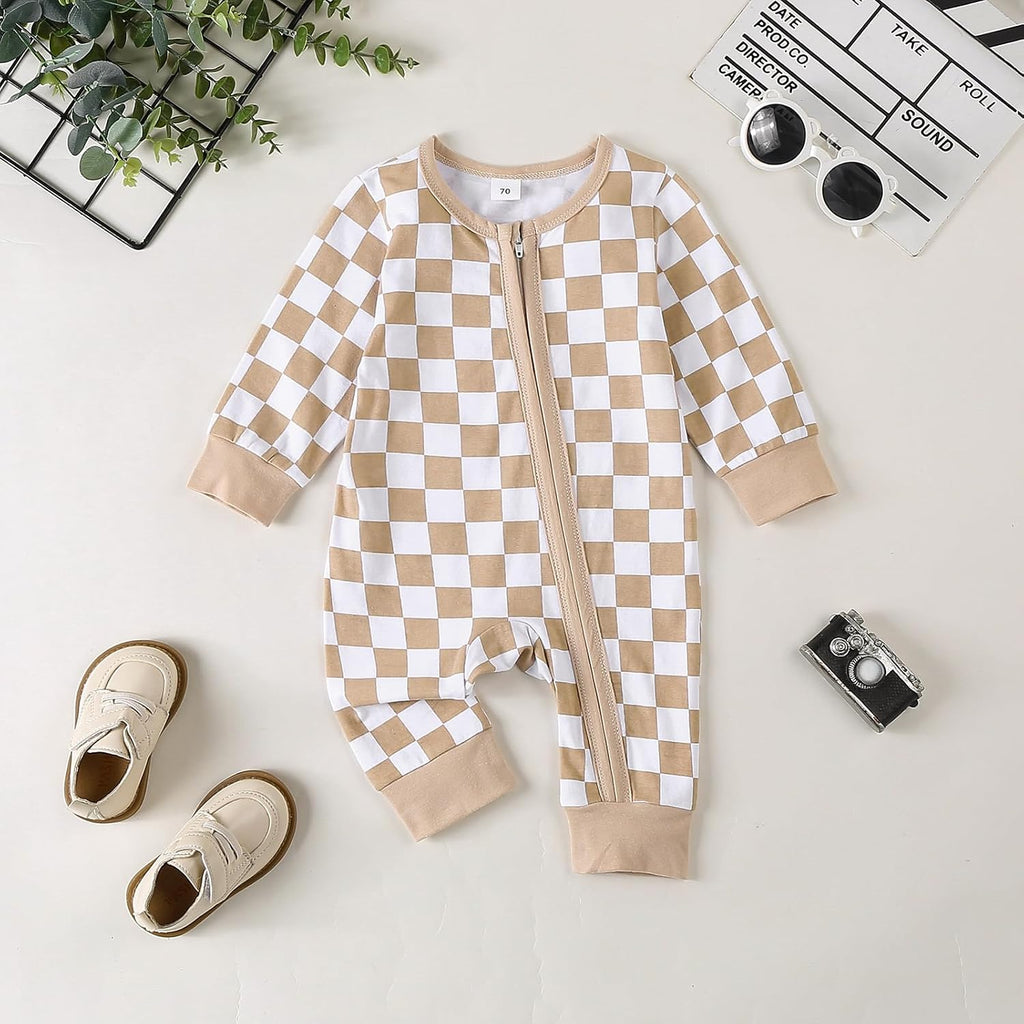 Newborn Baby Boy Girl Clothes Checkered Long Sleeve Zipper Romper Jumpsuit One Piece Bodysuit Fall Winter Outfit