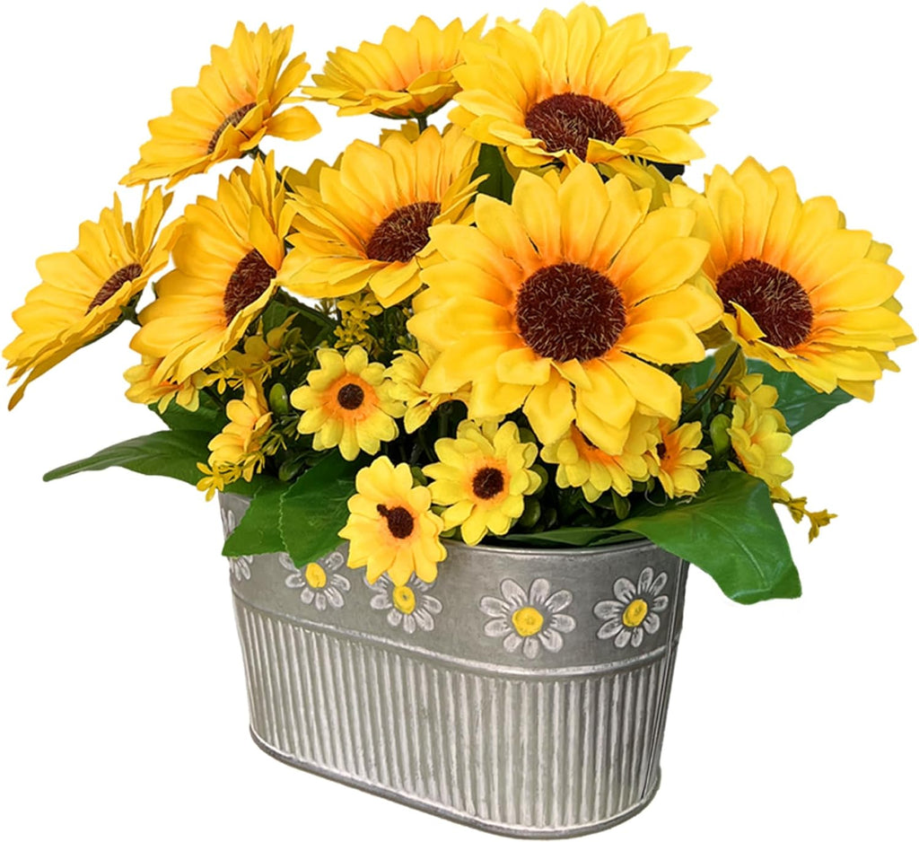 Artificial Flowers Fake Sunflowers in Pot, Faux Silk Flowers Floral Table Centerpiece Decoration, Rustic Potted - Set of 3