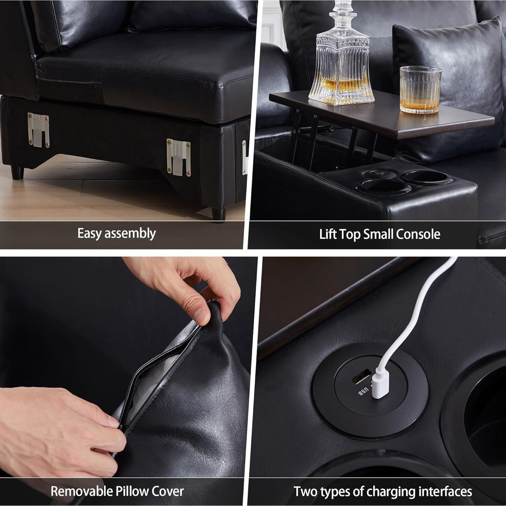 Faux Leather Sectional Sofa, Modern Leather 4 Seater Couch with Pillows and Storage Console, Modular Cloud Sofa, Black