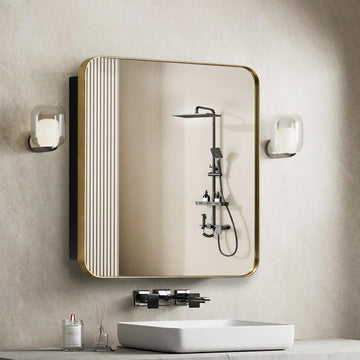 24" x 24" Bathroom Medicine Cabinet with Mirror Door, Brush Gold Stainless Steel Frame, Recessed or Surface