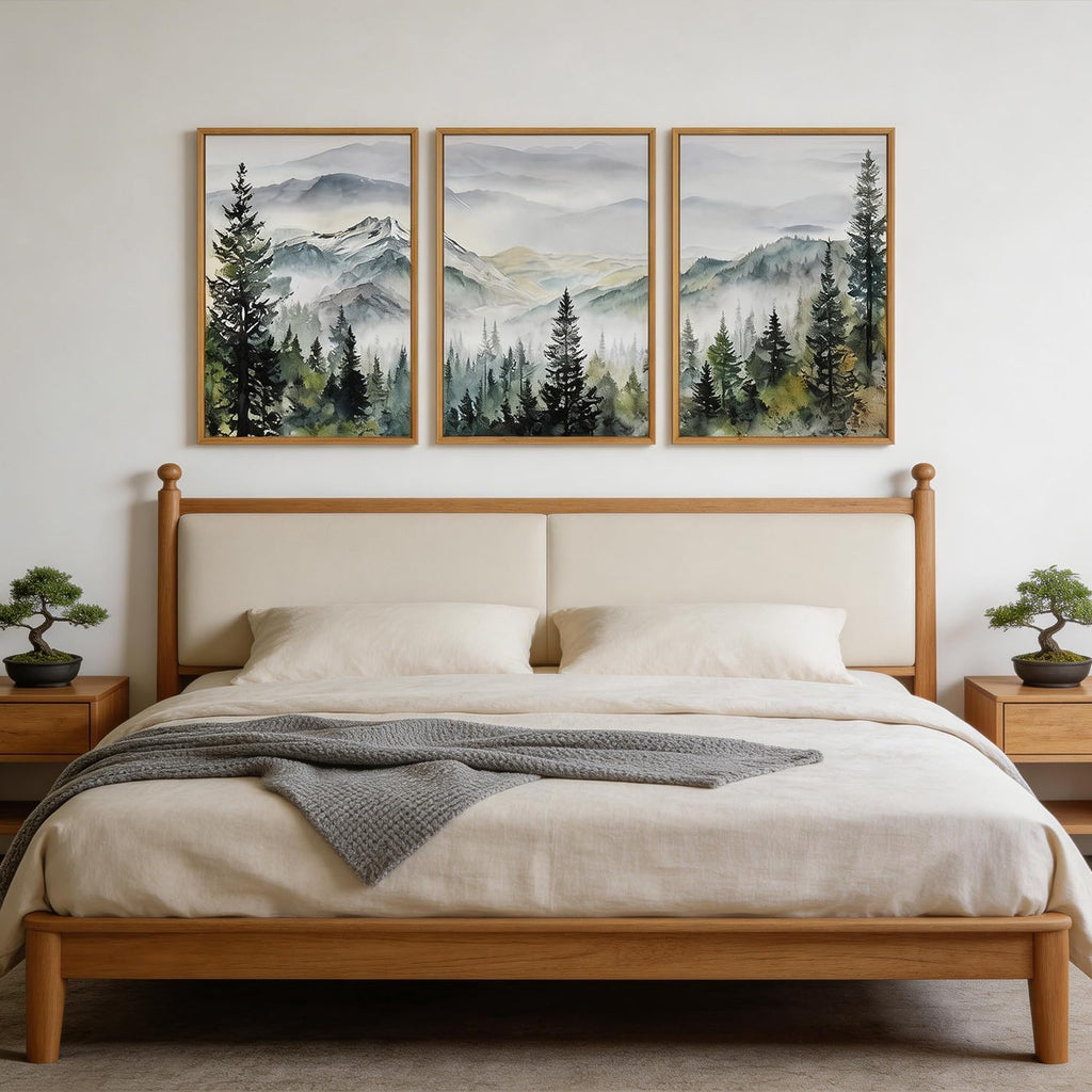 Misty Mountain Landscape Wall Art Green Pine Tree Wall Decor