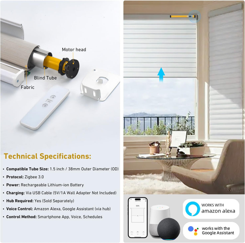 1.5" Zigbee Blinds Motor Rechargeable, Automatic Blinds Opener-No Wiring, Wireless App or Timer Control, Add Shade