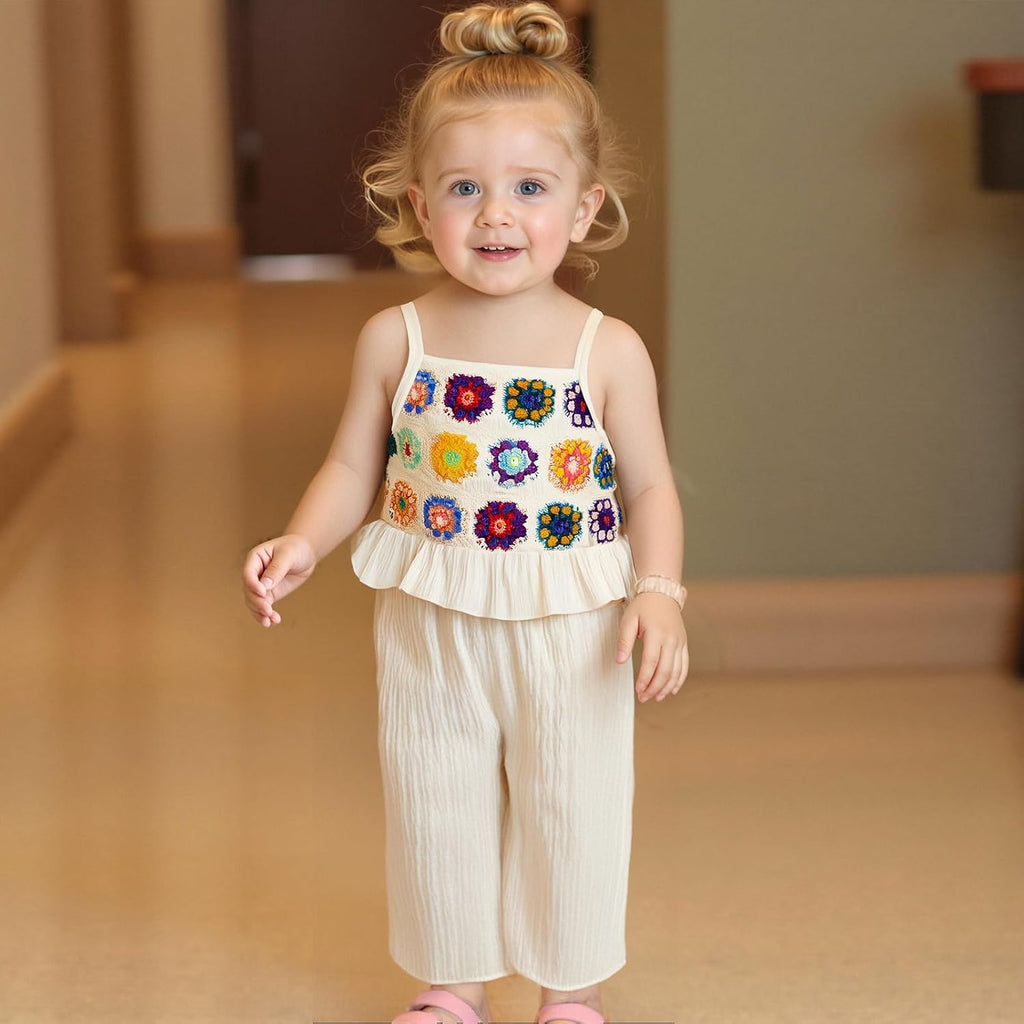 Toddler Baby Girl Summer Outfits Crochet Camisole Top and Linen Pants 2PC Kids Bohemian Beach Clothes for Girls
