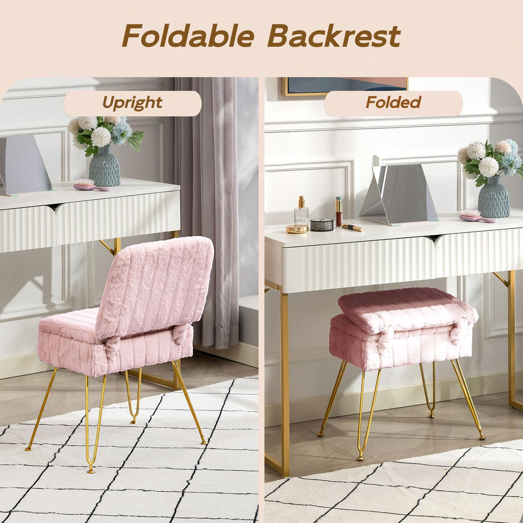 Vanity Chair with Storage | Comfy Ottoman with Folding Back