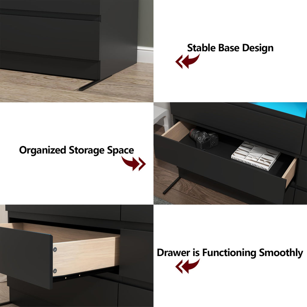 6 Drawers Double Black Dresser with Power Outlet & LED Light