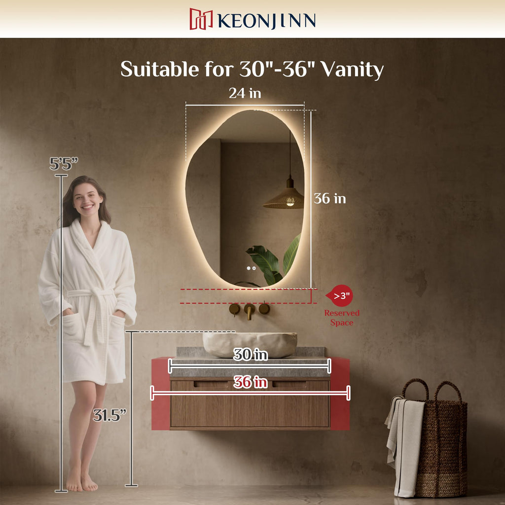 24 x 36 Inch Irregular Bathroom Mirror with Lights, Tempered Glass