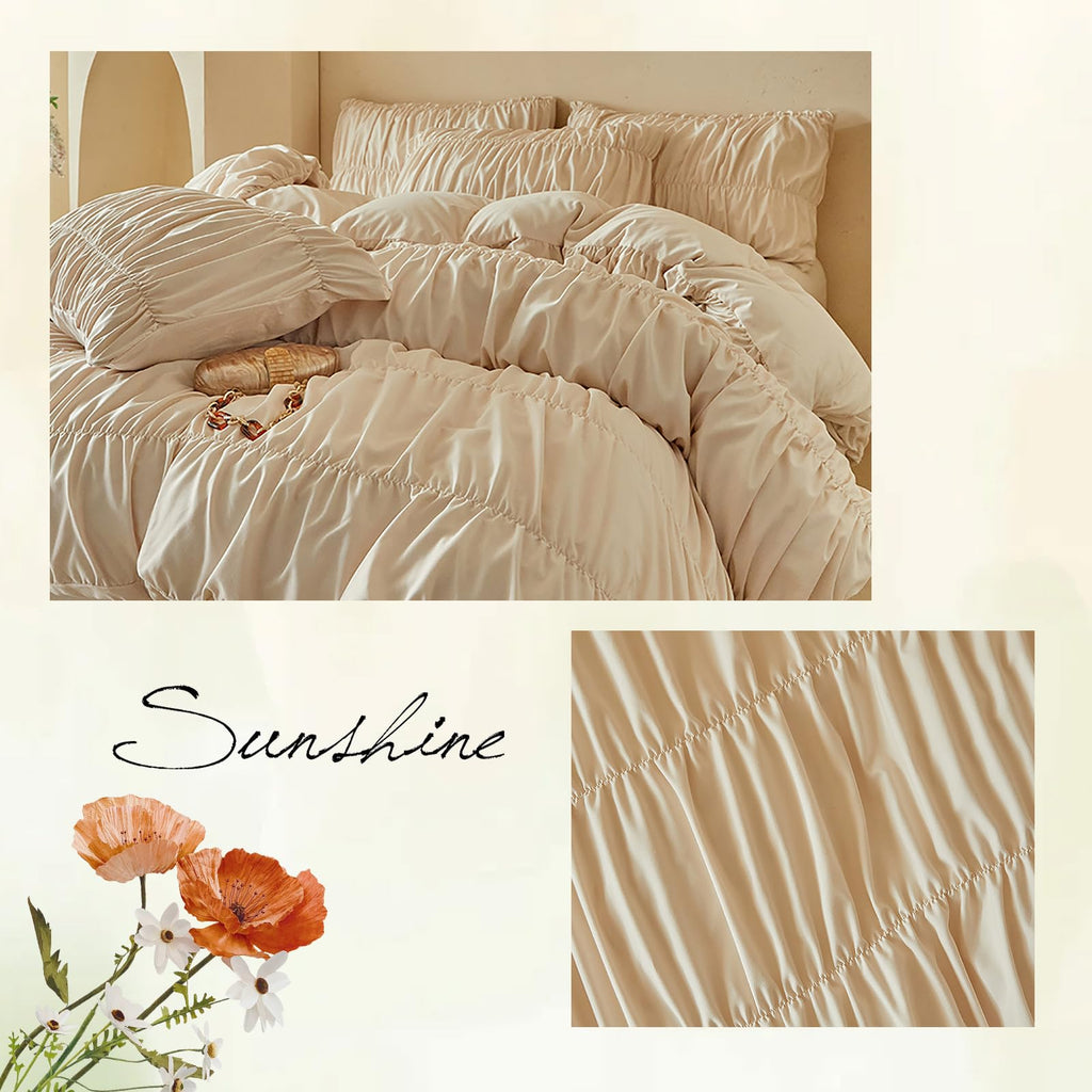 3 Piece Boho Duvet Cover Full Soft Breathable Khaki Ruched Bedding