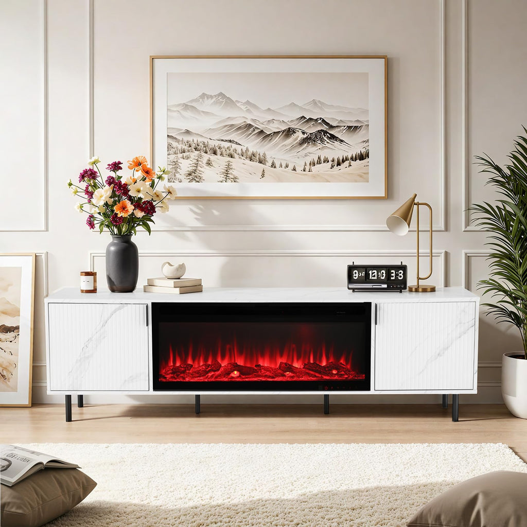 70" Fluted Fireplace TV Stand, Modern Entertainment Center