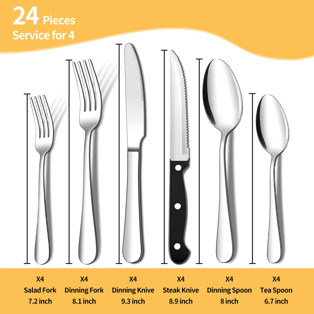 24 Piece Silverware Set with Steak Knives, Flatware Set for 4