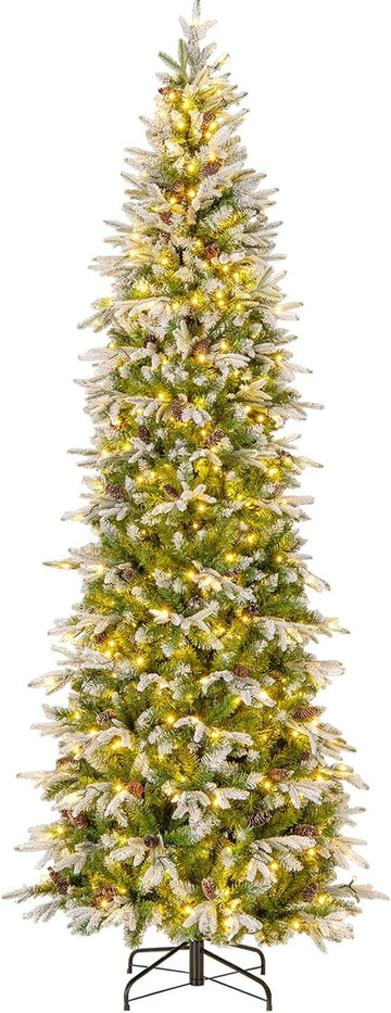 9 FT Pre-Lit Pencil Christmas Tree Snow Flocked, Slim Artificial Xmas Tree with 1310 Branch Tips, 470 LED Lights, 98