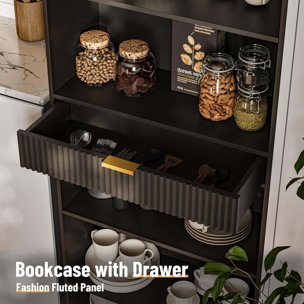 72" Tall Bookshelf with Storage, 7-Tier Bookcase Fluted with Drawer, Display Book Shelf Book Organizer with Anti-tip