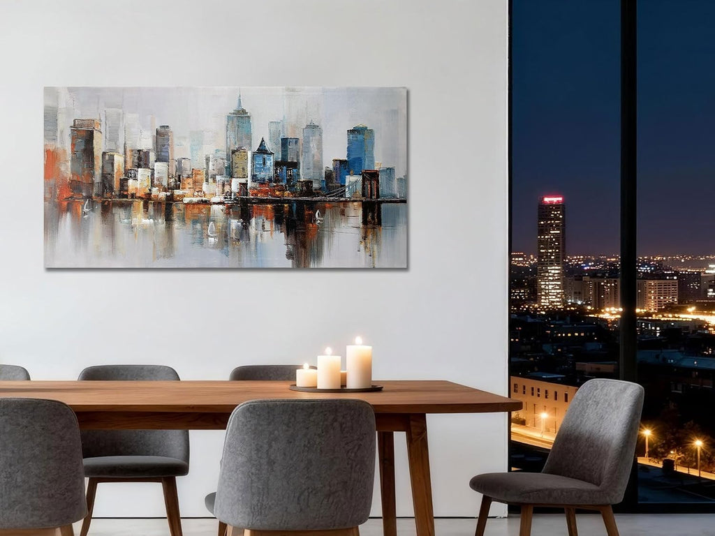 Brooklyn Bridge Wall Art Modern New York City Abstract Canvas Cityscape Painting Large Size Framed, Colorful NYC