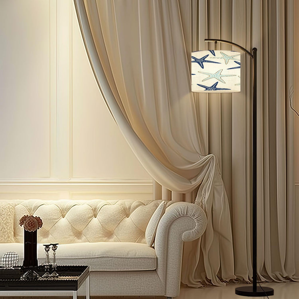 Arc Floor Lamp Coastal nautical starfish repeat pattern Navy blue turquoise white Modern Tall Standing Lamp Dimmable