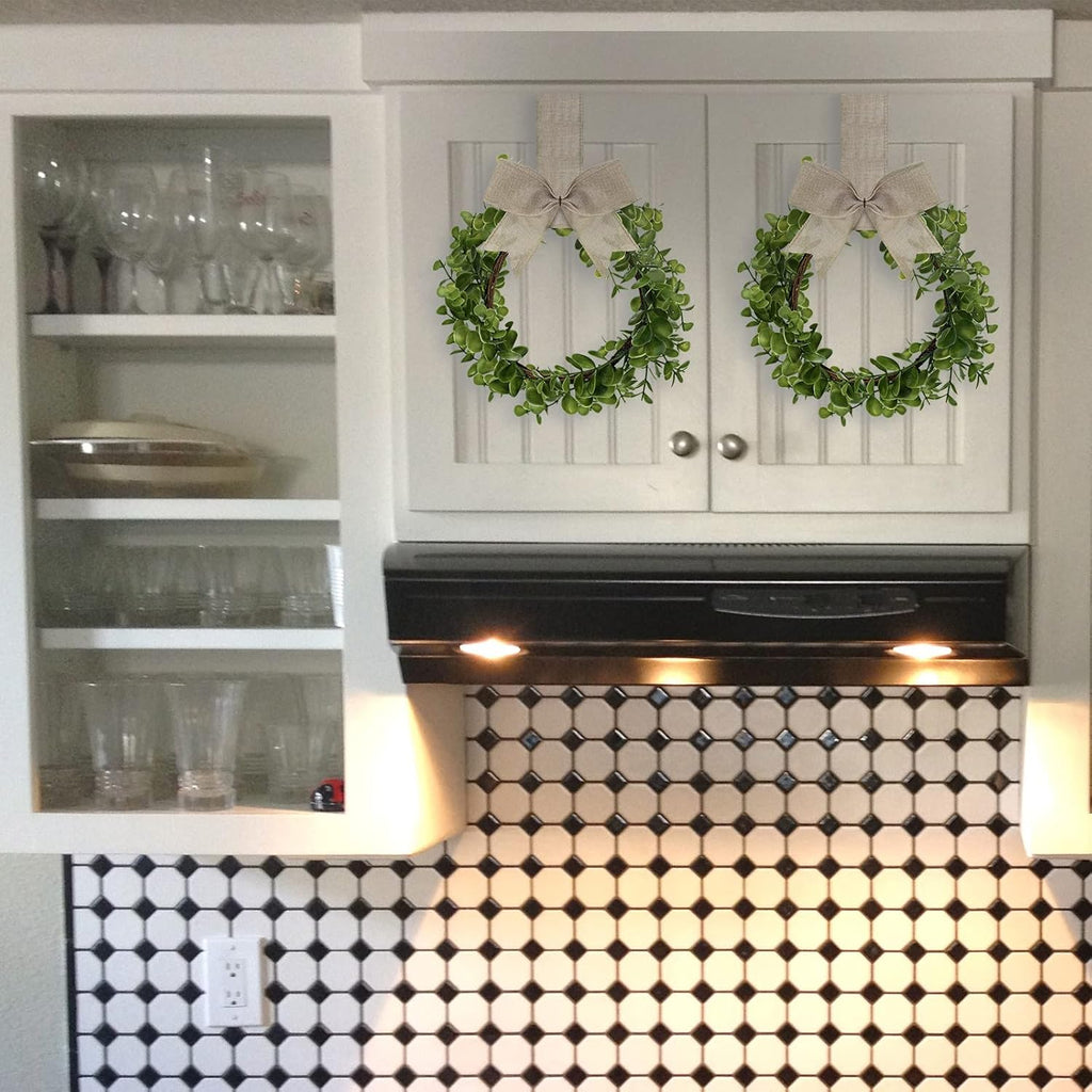Christmas Kitchen Cabinet Wreath Boxwood Garland with Ribbon Greenery Garland Hanging Wreaths for Cabinet Wall - Set of 2