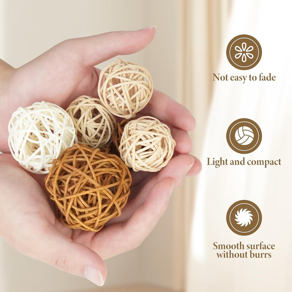 Woven Rattan Decorative Balls, 2.4" Wicker Orbs for Bowl Centerpieces & Vase Fillers, Neutral Brown & White - Set of 27