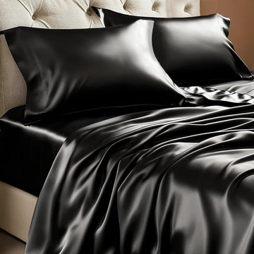 King Sheets Set, Luxury Soft Black Satin Sheets for Hair and Skin, Similar to Silk Bed Sheets Set 4 Pieces with 1