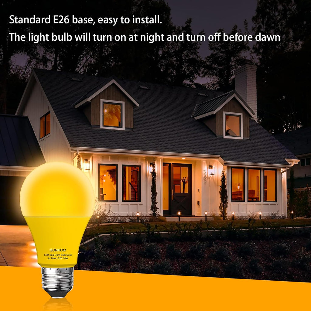 Dusk to Dawn Bug Light Bulb Outdoor,4 Pack Amber Bug Light Bulb,Auto On/Off,10W(100W Equivalent),E26 Base,Bug Lights