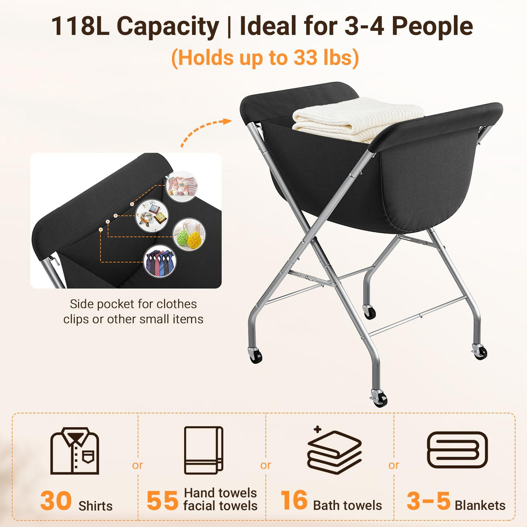 Laundry Basket with Wheels, Collapsible Laundry Hamper, Black