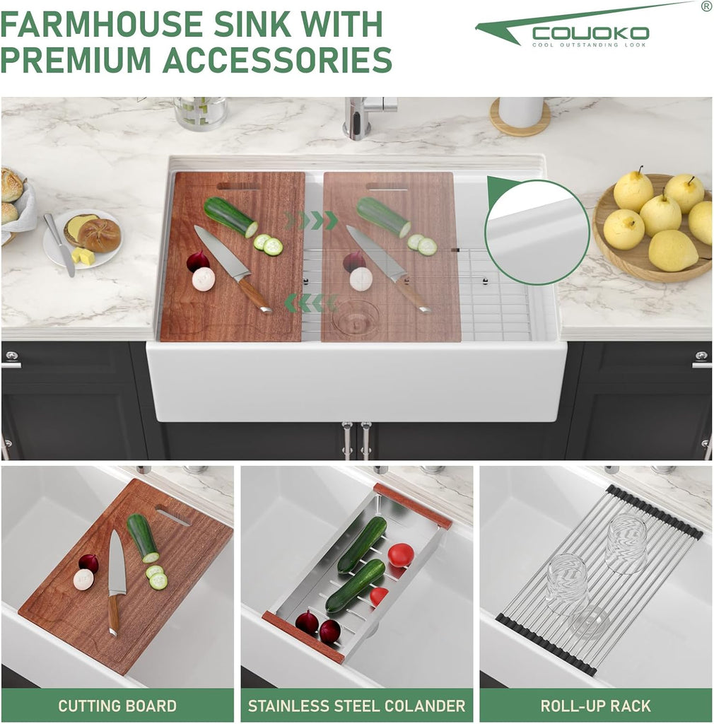 White Fireclay Farmhouse Sink Workstation - 33 Inch White Apron Front Fireclay Farm Sink Large Deep Ceramic Single