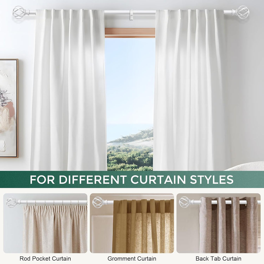White Curtain Rod 36-72 Inch, Decorative Curtain Rods for Windows with Twisted Cage Finials, 3/4" Adjustable Heavy