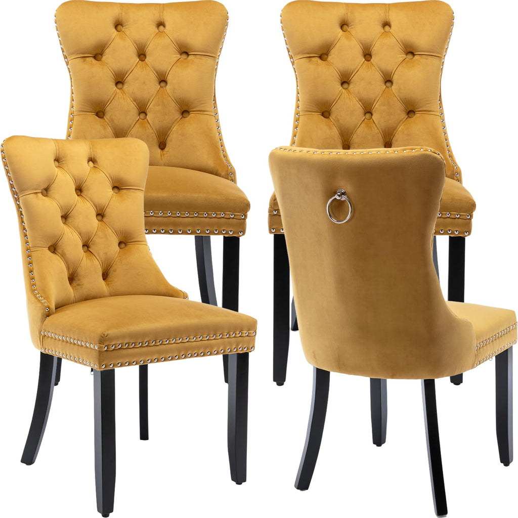 Modern Gold Velvet Upholstered Dining Chairs Set of 4 with Solid Wood Legs