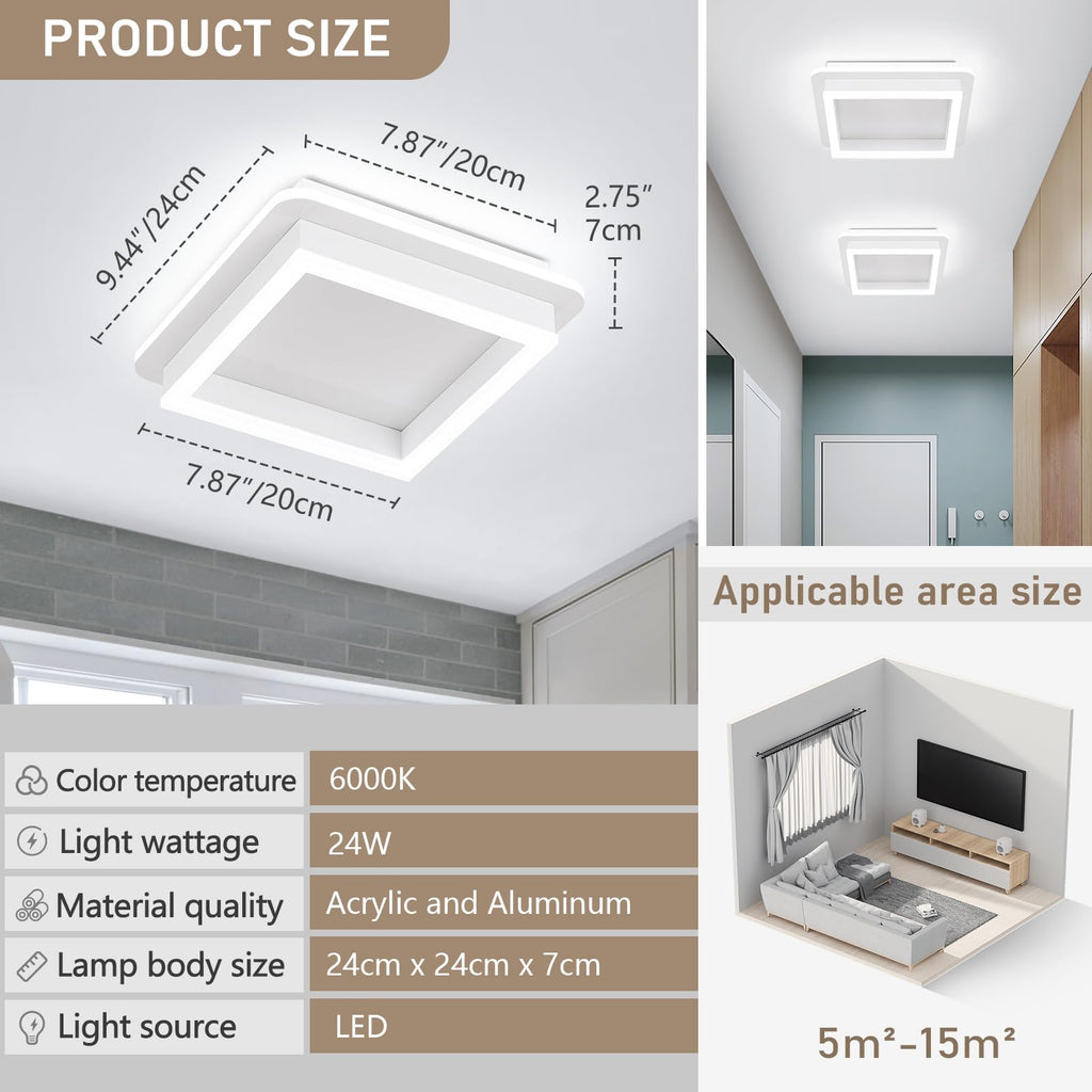 3 Packs Square Flush Mount Ceiling Light, 6000K Black Modern LED Ceiling Light Fixture, Minimalist Hallway Lighting