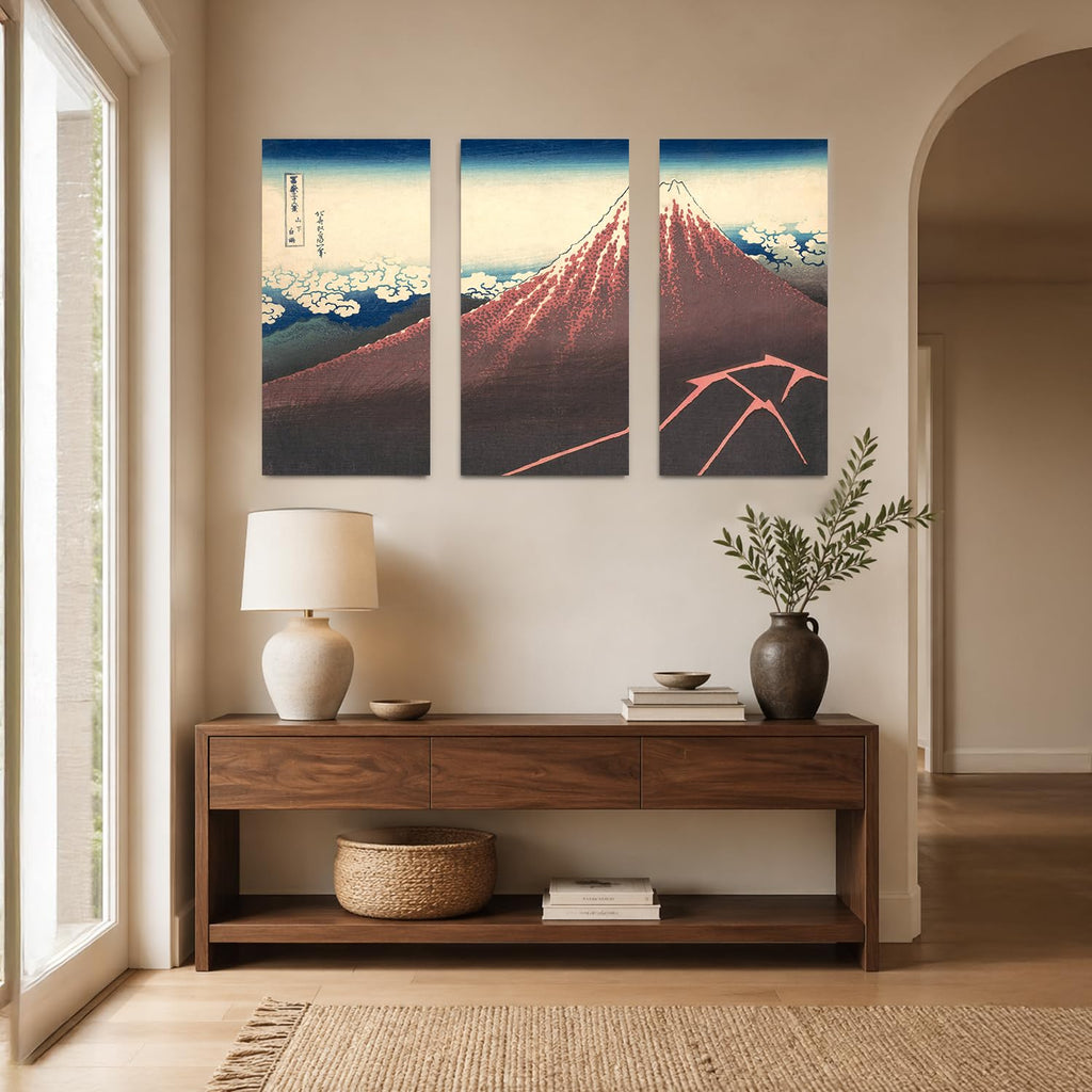 Japanese Wall Art, Black Fuji Hokusai Storm 3 Piece, 48x32''