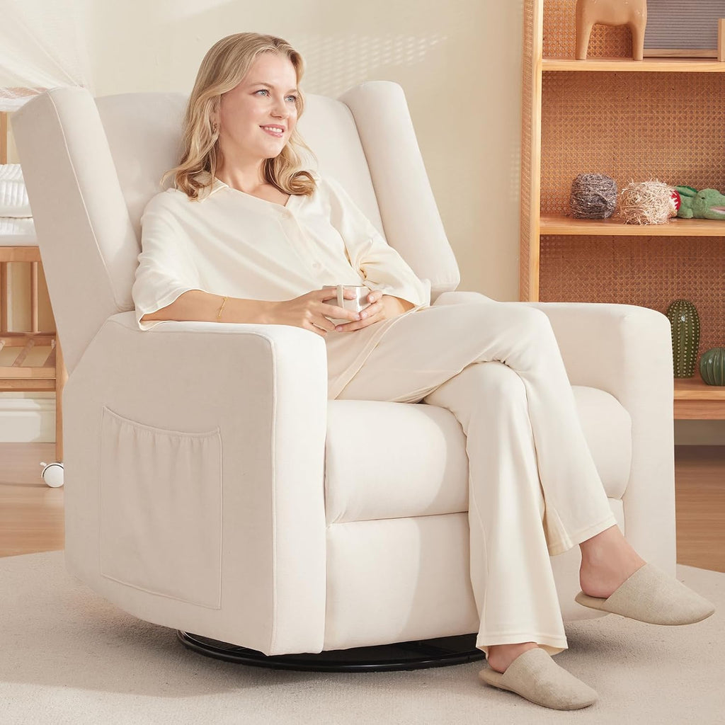 32" Nursery Rocking Chair, 360° Swivel Recliner Chair with Lumbar Support , Comfy Upholstered Armchair with Pillows &