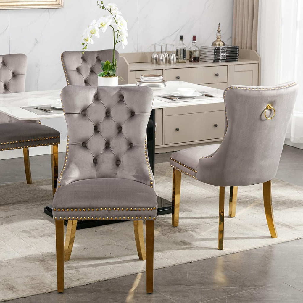 Luxury Upholstered Dining Chairs Set of 4, Grey Kitchen Chair with Golden Metal Legs, Velvet Tufted Back Dining Chair