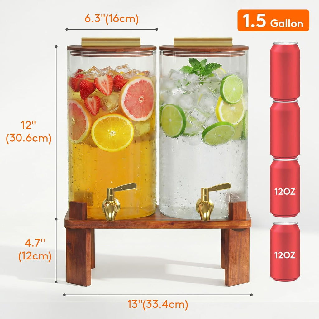 1.5 Gallon Glass Drink Dispenser with Wood Stand & Leakproof Spigot - Set of 2