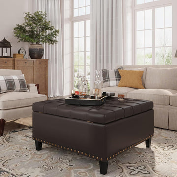 31.5 Inch Large Square Ottoman with Storage,Faux Leather | Coffee Table Storage Ottoman Bench with Lift Top