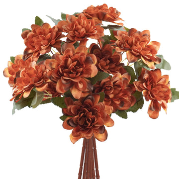 12PCS Artificial Daisy Mums Flowers with Stem, Burnt Orange Silk Flowers Arrangement Party Fall Wedding Bouquet