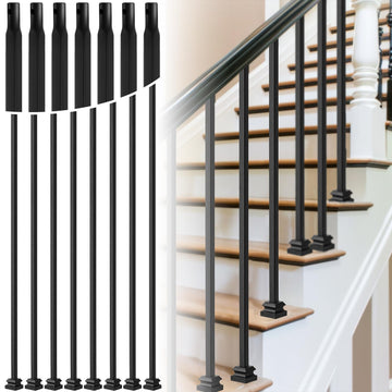 20 Sets Wrought Iron Balusters with Flat Shoes, Hollow Square Iron Balusters & Metal Flat Shoes Set for Staircase