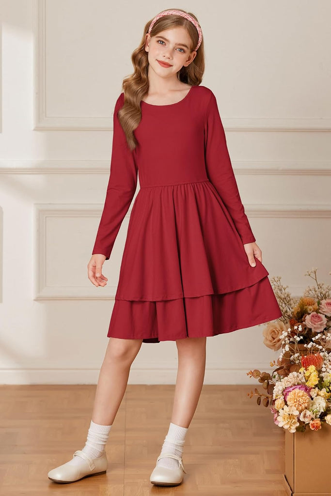Girls Fall Dress Long Sleeve Tie Back Pockets School Party