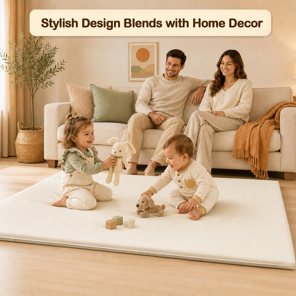 Vegan Leather Baby Play Mat, 79x59 Thick Cushioned Waterproof Playpen Mat, Stylish Removable Cover Floor Mat