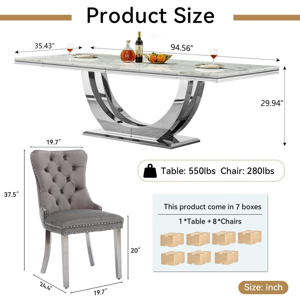 94.5" Large Marble Dining Table Set for 8, Luxury White Silver Kitchen Table with 8 Grey Velvet Tufted Chairs, Modern
