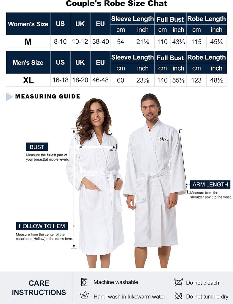2Pcs His and Hers Terry Cloth Robes for Couples, Mr and Mrs Hooded Matching Robe Set, Wedding Engagement Gifts