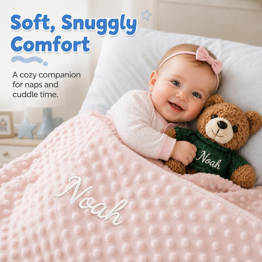 Blanket with Optional Plush Teddy Bear Gift Set, Custom Baby Blankets with Embroidered Name, Double Layer Dot Swaddle