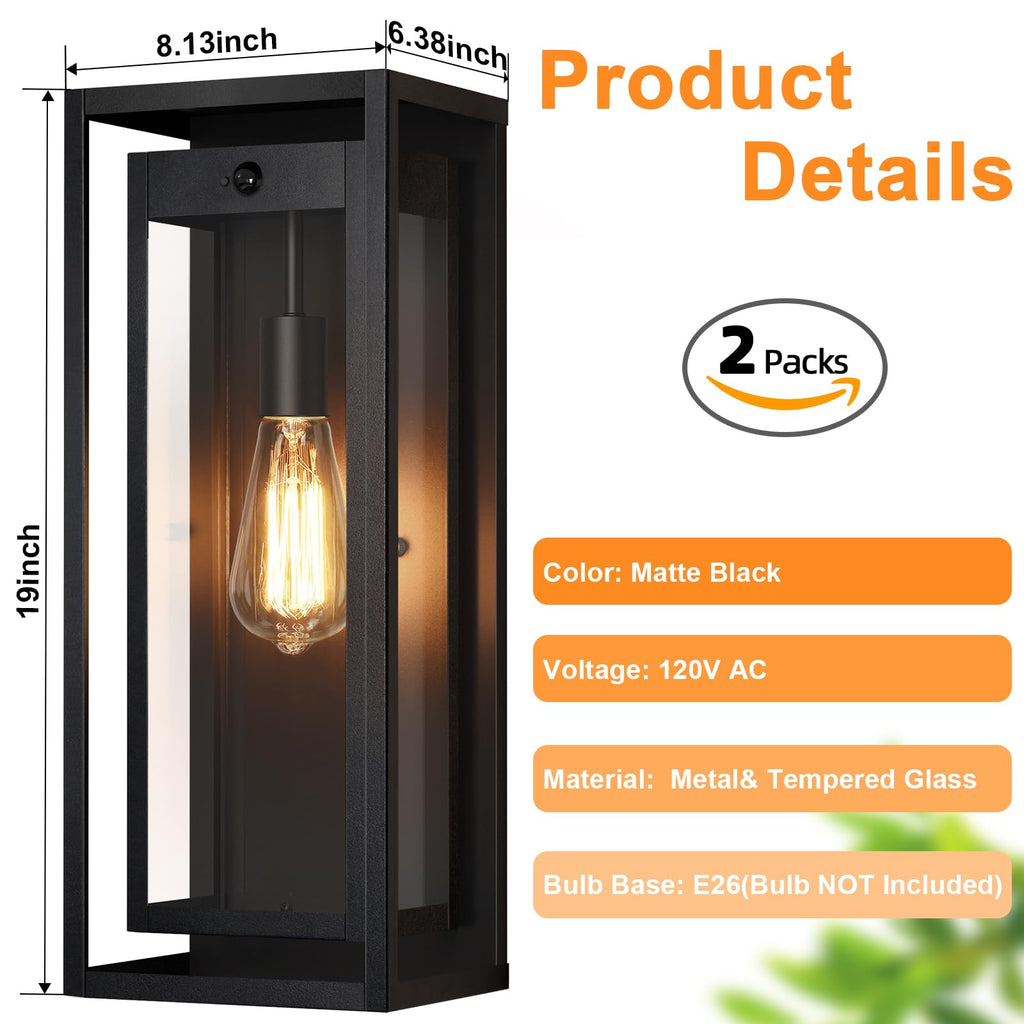19" Motion Sensor Outdoor Wall Lights, 2 Pack Large Dusk to Dawn Outdoor Lights, 2 Lighting Modes Waterproof