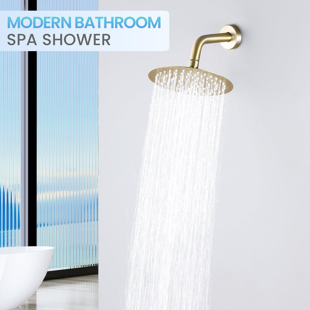 Brushed Gold Round Rainfall Shower Head, All Metal Stainless Steel Rain Shower Heads with 90 Anti-Clog Silicone