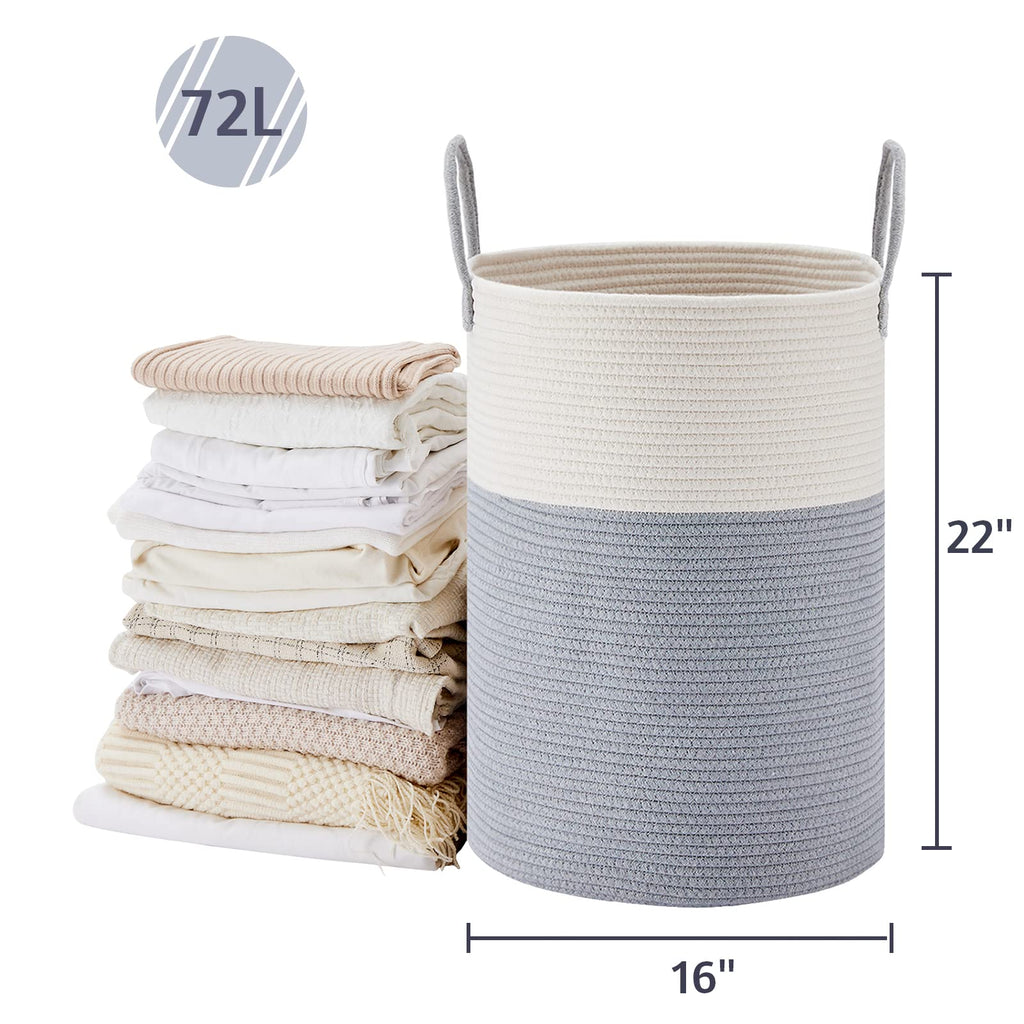 72L Tall Woven Laundry Basket Hamper, Grey White