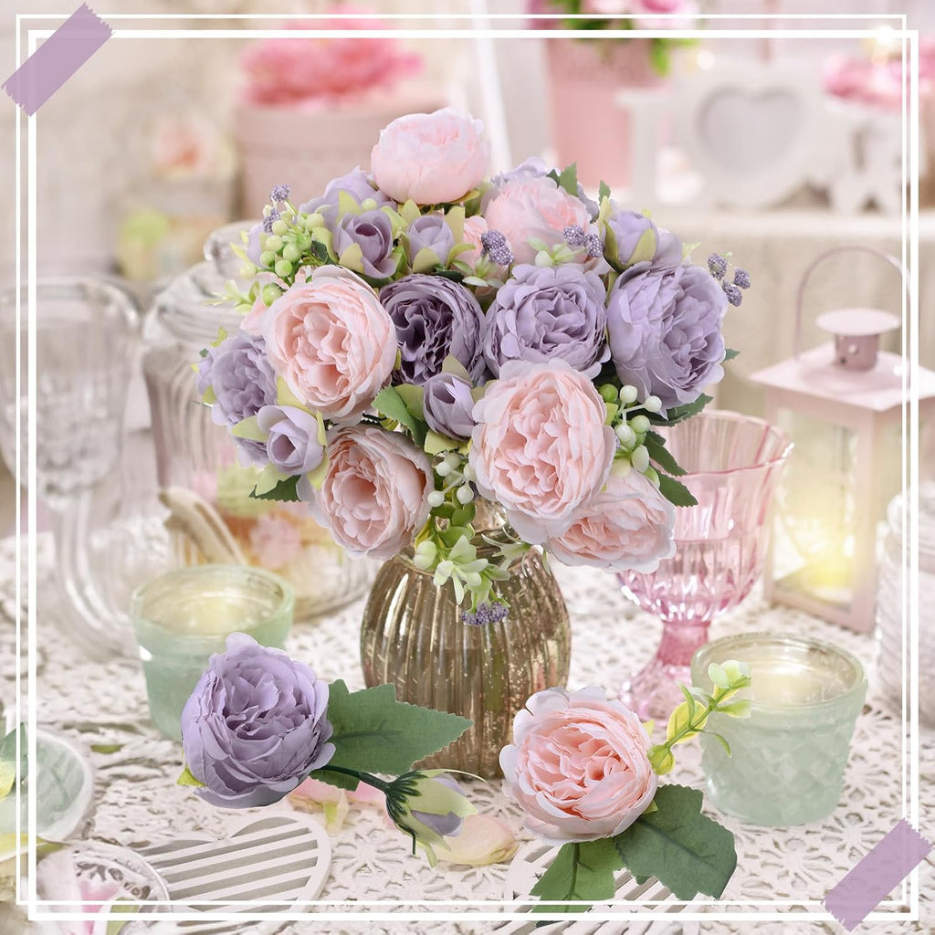 Bundles Artificial Peony Centerpiece Flowers,Pink, Purple - Set of 8