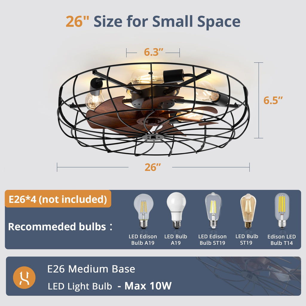 26" Caged Farmhouse Ceiling Fans with Lights and Remote/App, Black