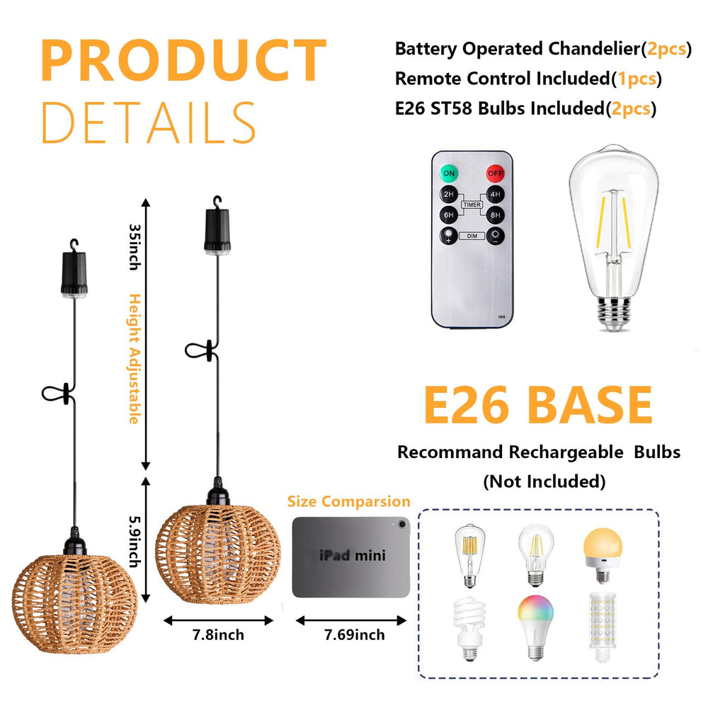 Battery Operated Chandelier, 2Pack Hanging Gazebo Lights, Cactus Shape Boho Rattan Pendant Lights Outdoor Waterproof