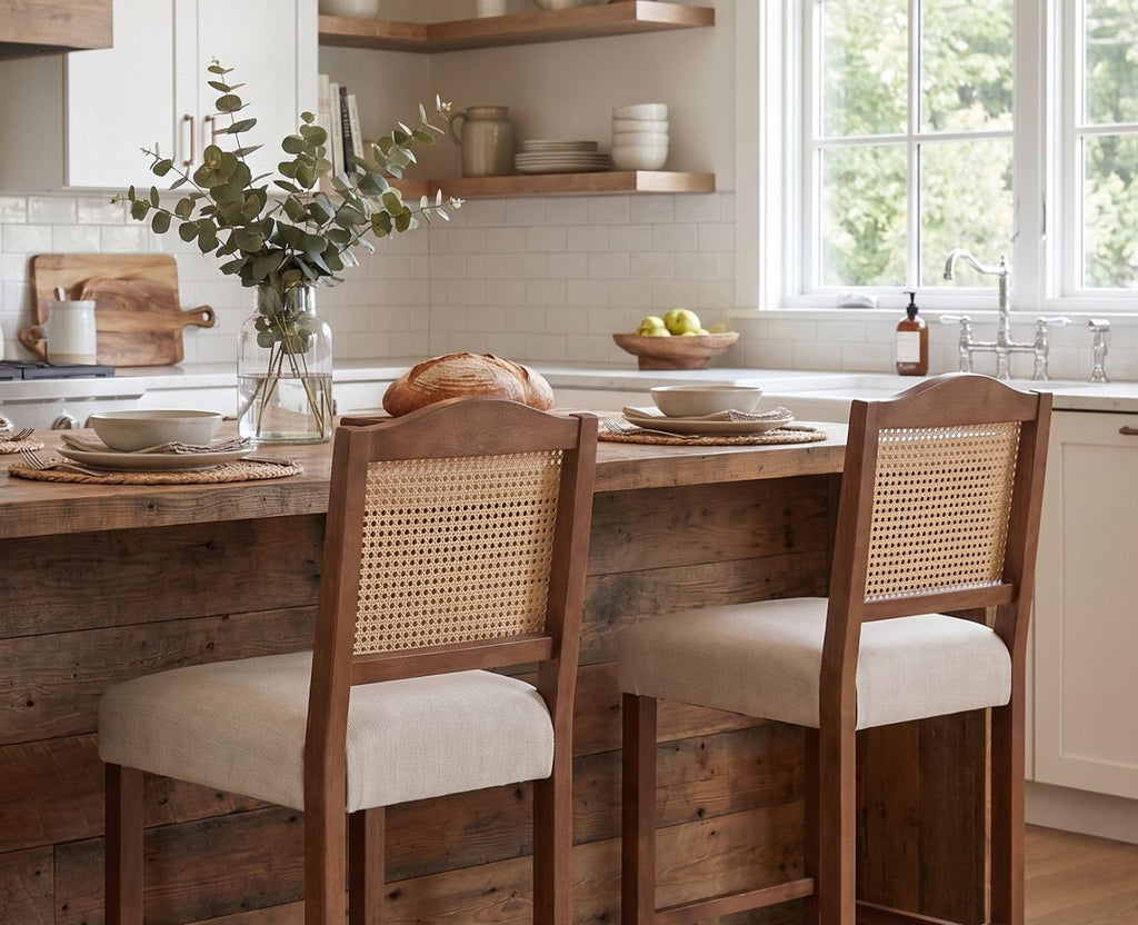 Counter Height Bar Stools Set of 2 Farmhouse Barstools with Rattan Back Linen Upholstered Bar Chairs Mid Century Wood